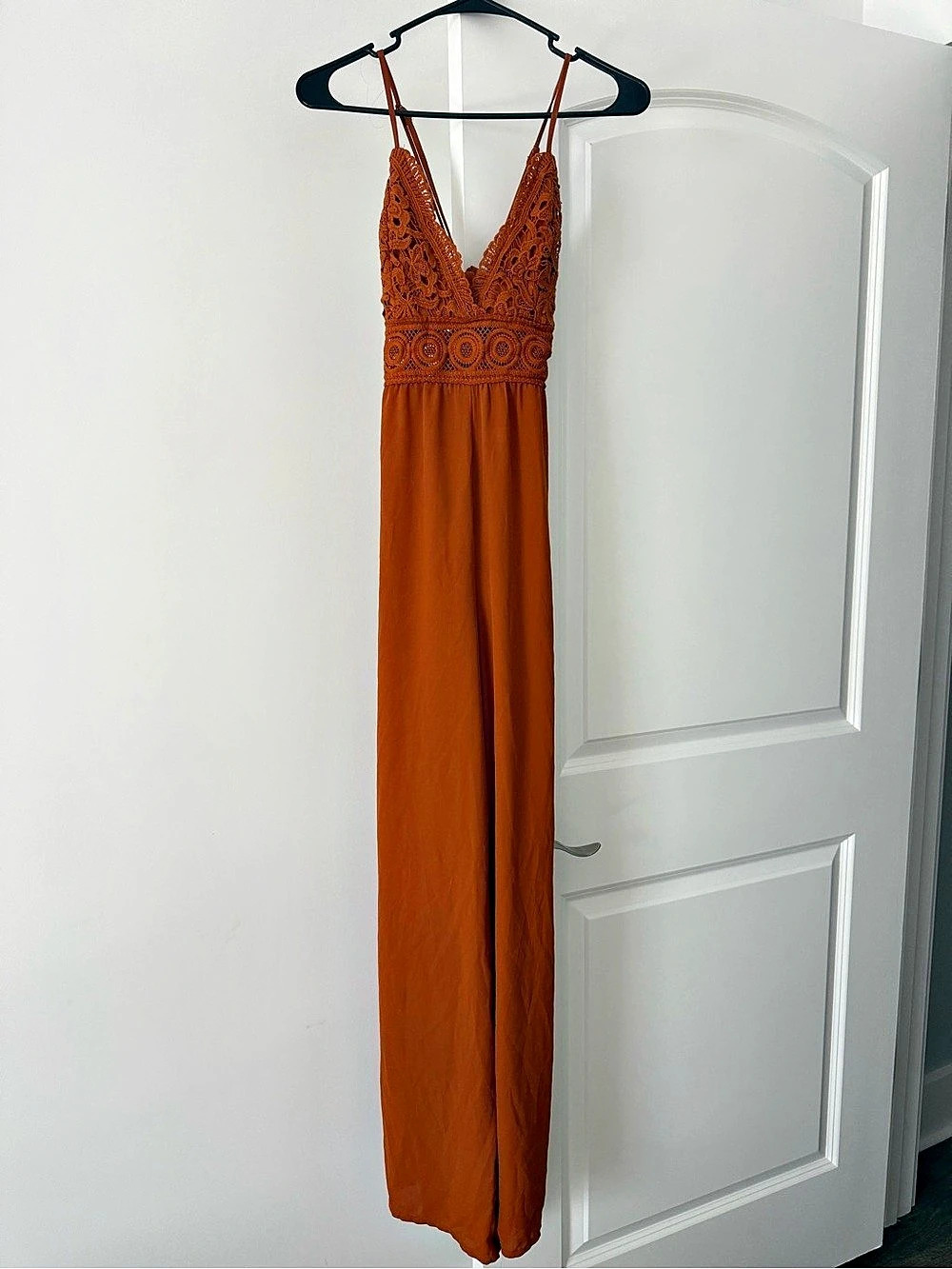 Crochet sheer Maxi Pantsuit in Rust Orange Size Medium Like New